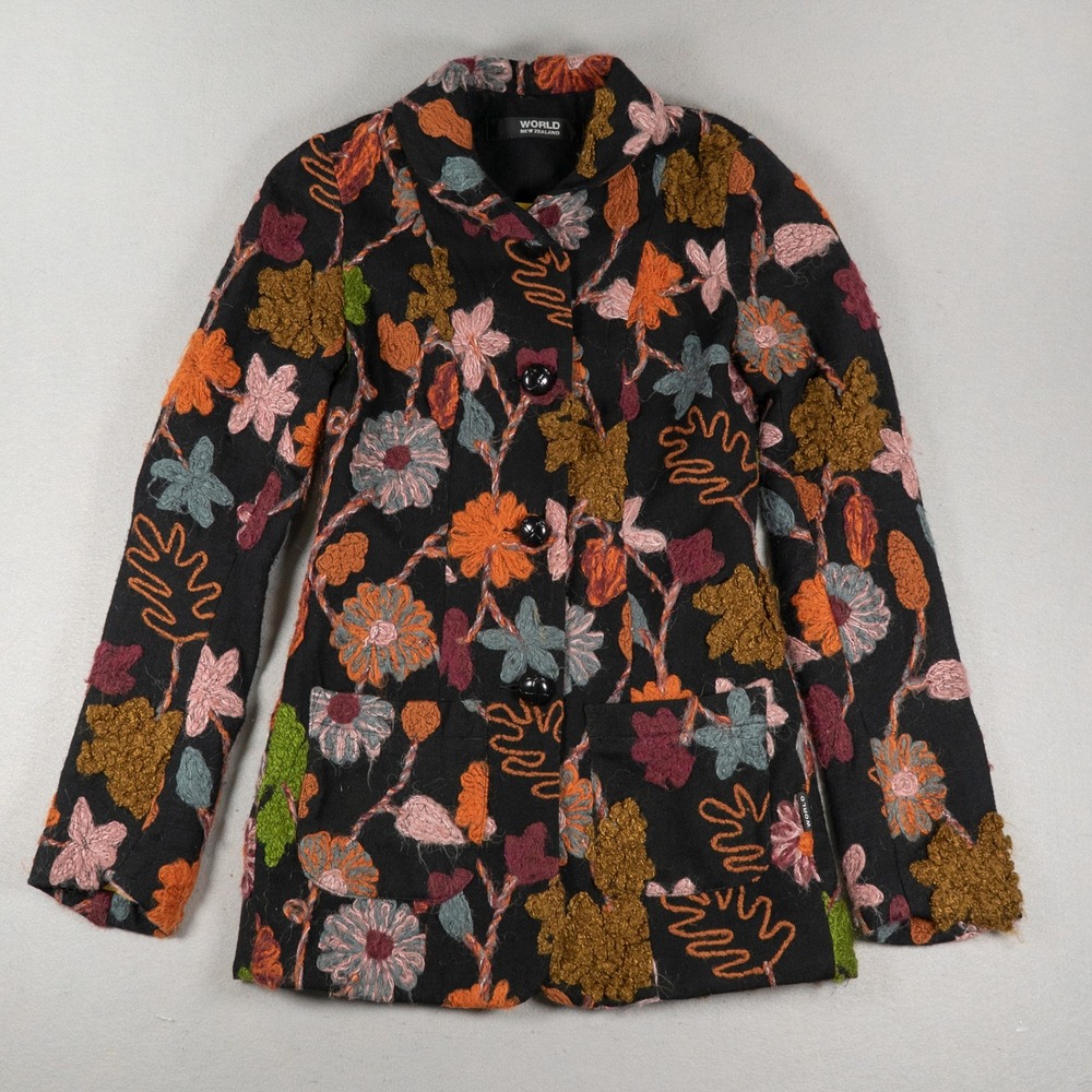 WORLD New Zealand Wool Embroidered Floral Blazer Jacket XS Made in NZ Rare